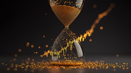 
Golden hourglass with flowing sand particles and candlestick chart symbolizing time, investment growth, and financial market analysis on dark background