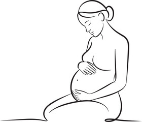 Elegant single line drawing of an expecting mother gently cradling her pregnant belly, symbolizing new life and love