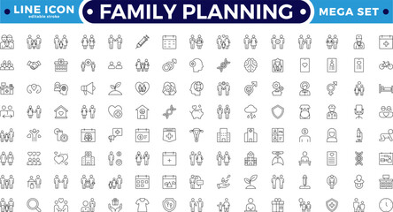 Family planning and Fertility planning Outline icon set featuring sperm analysis, calendar, supplements, and antenatal. Perfect for reproductive health, pregnancy. Editable stroke outline icon.