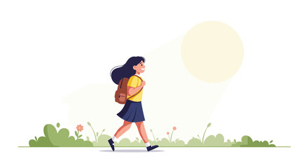 A cheerful young student with a backpack walks confidently to school on a bright sunny day, embodying a journey of education and new beginnings, against a vibrant outdoor backdrop