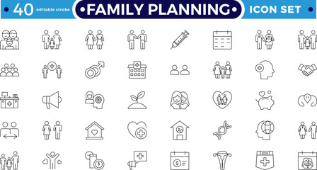Family planning and Fertility planning Outline icon set featuring sperm analysis, calendar, supplements, and antenatal. Perfect for reproductive health, pregnancy. Editable stroke outline icon.