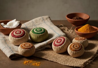 Still life of round crafted objects with coconut and spices on fabric and burlap surface