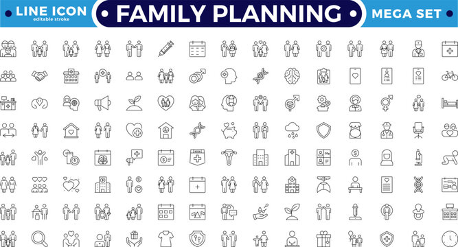 Family planning and Fertility planning Outline icon set featuring sperm analysis, calendar, supplements, and antenatal. Perfect for reproductive health, pregnancy. Editable stroke outline icon.