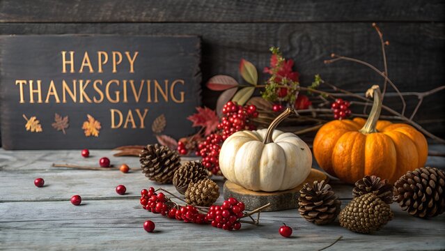 Happy thanksgiving day sign with pumpkins, pine cones and berries on wood - Powered by Adobe
