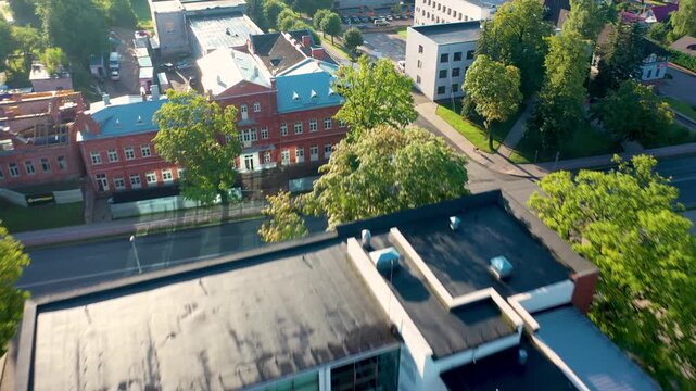 Rezekne, Latgale ,Latvija. Aerial 4K video from drone to of Rezekne city center at sunrise. (Series)
