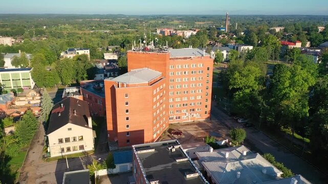 Rezekne, Latgale ,Latvija. Aerial 4K video from drone to of Rezekne city center at sunrise. (Series)