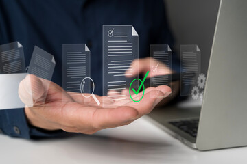 Digital document verification process with online approval checkmark icon and data management concept