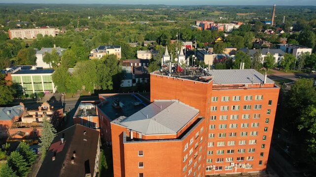 Rezekne, Latgale ,Latvija. Aerial 4K video from drone to of Rezekne city center at sunrise. (Series)