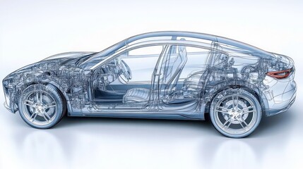Transparent side view rendering of a modern car showing internal mechanical and structural components including engine, seats, steering wheel, and wheels in high detail