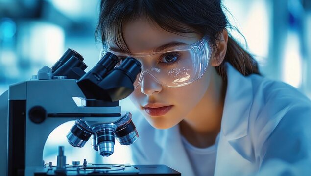 Focused female scientist wearing protective glasses looking intently through a microscope in a laboratory setting with blue ambient lighting
