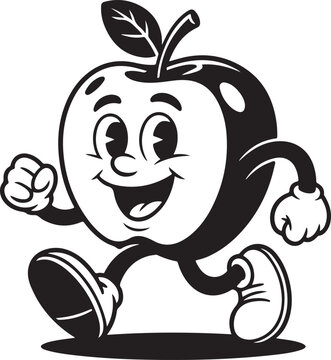Retro cartoon apple character walking with a smile, black and white illustration for a fun and healthy lifestyle theme