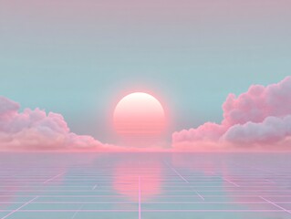 Vaporwave Retro-futuristic Landscape with Neon Grid Floor, Glowing Sun, and Pink Pastel Clouds at Sunset or Sunrise, Digital Art