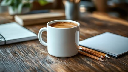 White ceramic coffee mug filled with coffee placed on a rustic wooden table surrounded by pencils and notebooks, evoking a calm and focused work atmosphere