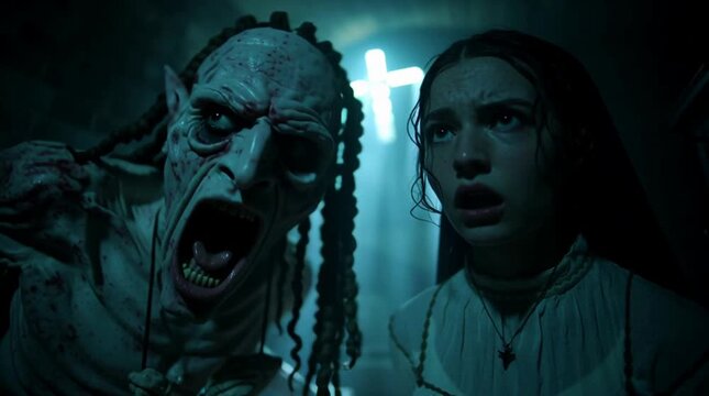 Horror movie: young girl is fully amazed when she suddenly meets an ugly ghoul with dreadlocks. Cross. Paranormal. Eerie, demonic creature