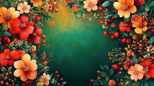 Vibrant floral border featuring orange and red flowers with green leaves and red berries surrounding an empty green textured center