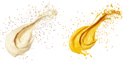 Two colorful liquid splashes in mid air isolated on transparent background