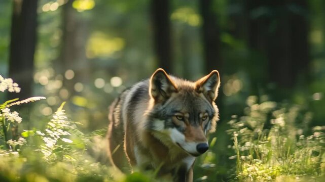 A serene video scene of a wolf in a sunlit forest, captured from a low angle. The bokeh effect adds depth to the lush, green surroundings. Live desktop wallpaper.