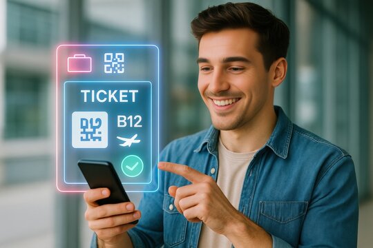 Digital ticket confirmation process for air travel airport mobile interaction modern environment close-up view convenience and technology