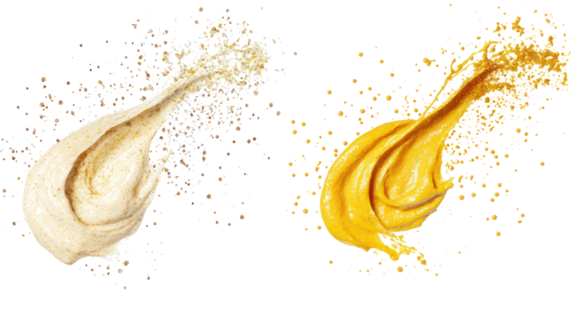 Two colorful liquid splashes in mid air isolated on transparent background