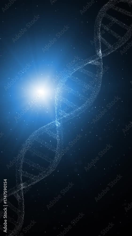 Wall mural Abstract dna chain rotation with glowing blue light loop vertical background.