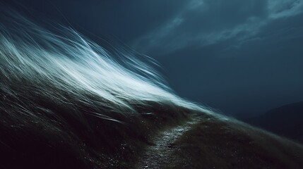 Abstract long exposure of wind-blown grass creating luminous streaks on a dark hillside beneath a moody night sky.