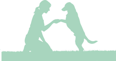 Silhouette of a woman training her dog, isolated on white background