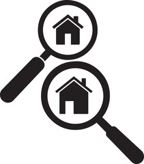 Two magnifying glasses searching for a house symbol in a clean silhouette style