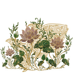 vintage floral background lotus and gold fish