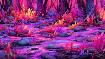 Surreal forest landscape with pink and purple foliage and flowing river of swirling color