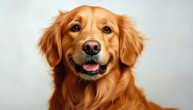 Close-up portrait of a happy golden retriever dog with bright eyes and a smiling expression against a neutral background - Powered by Adobe