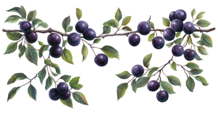 Plum branches with ripe fruit and leaves isolated on transparent background