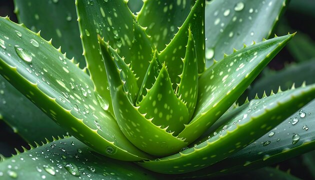 Close-up shot of vibrant green aloe vera plant with water droplets