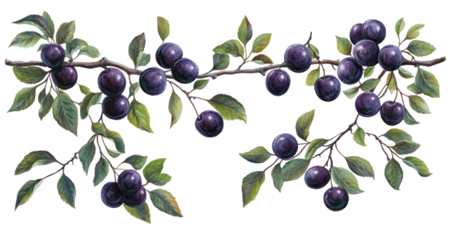 Plum branches with ripe fruit and leaves isolated on transparent background