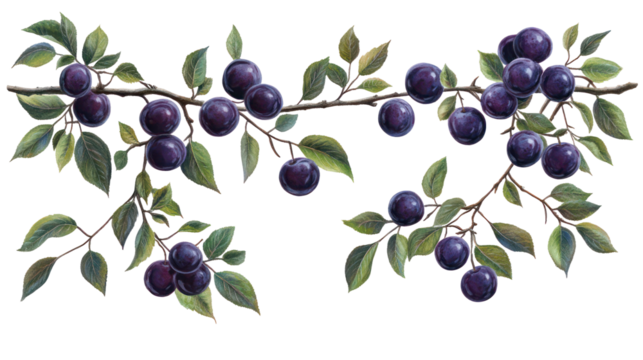 Ripe purple plums hanging from a branch with green leaves isolated on transparent background - Powered by Adobe