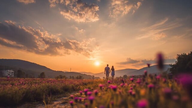 Couple walking hand-in-hand through a wildflower meadow at sunset, mountains backdrop