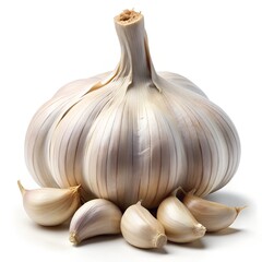 Garlic Bulb Surrounded by Cloves on White Background