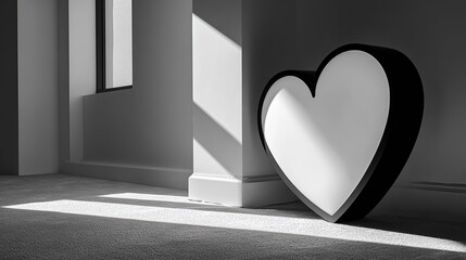 A large black-rimmed heart sculpture is bathed in light near a window in a stark, clean space