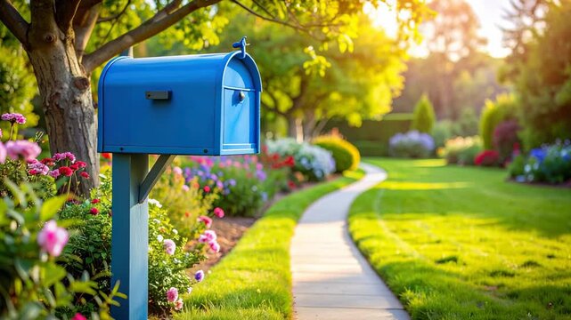 Blue mailbox stands next to pathway amidst blooming garden