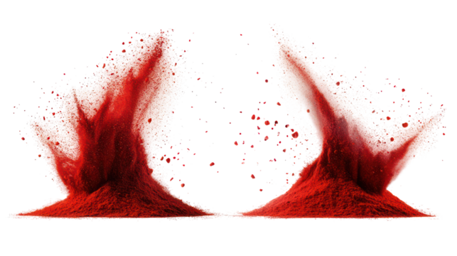 Two abstract red powder explosions forming a symmetrical shape isolated on transparent background