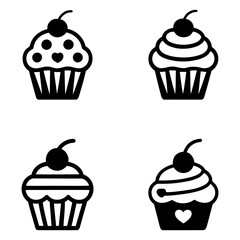 black and white cupcake icons with cherries. set of cakes
