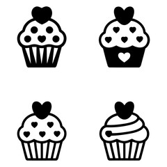 cute black and white heart cupcake icons. set of cupcake