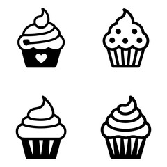 black and white cupcake icons. vector set of cupcakes