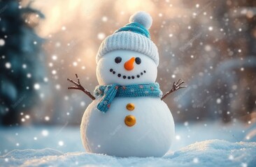 Fototapeta premium Cheerful snowman wearing a knitted hat and scarf, with twig arms and a carrot nose, standing in softly falling snow during a bright winter day