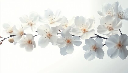 Delicate branch of white cherry blossoms with soft petals and subtle pink stamens against a light background evoking purity and calmness