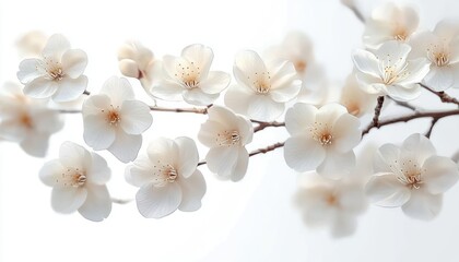 Obraz premium Close-up of delicate white cherry blossom flowers on a branch with gentle lighting and a soft blurred background conveying tranquility and purity