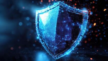 glowing futuristic digital shield made of blue light particles and grid lines representing cyber security and protection in a dark space with floating sparks