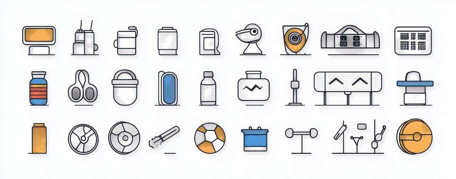 Collection of various flat outlined modern technology and electronics icons in black and orange with blue accents - Powered by Adobe