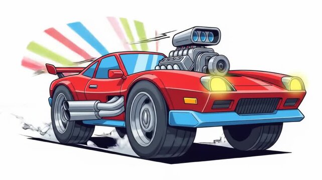 A vibrant, cartoon-style race car in red with blue accents is speeding, exhaust fumes trailing, and a powerful engine. Colored motion lines appear