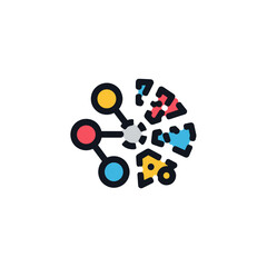 A colorful, abstract illustration depicting interconnected nodes and a fragmented structure, representing data analysis and network connections in a modern design.