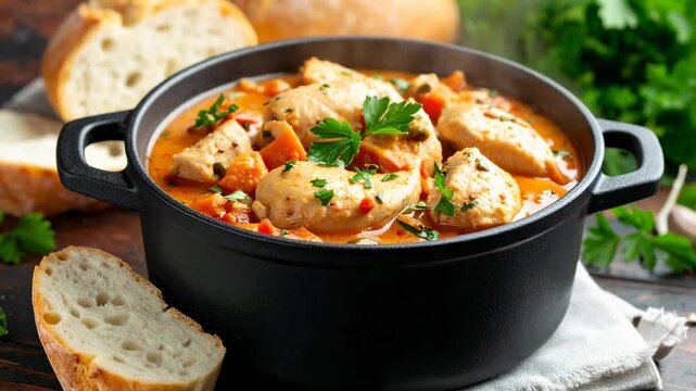 A close-up of chicken stew in a cast iron pot, with bread slices